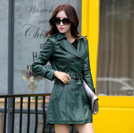 Slim-Fit PU Leather Trench Coat