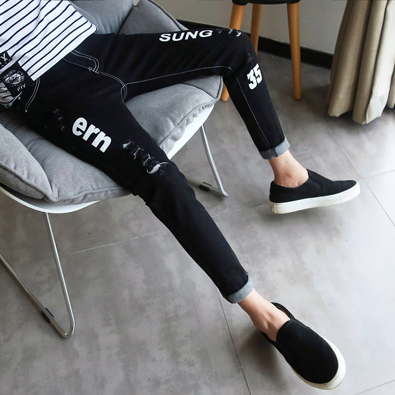 Autumn Black Ripped Ankle Jeans for Men