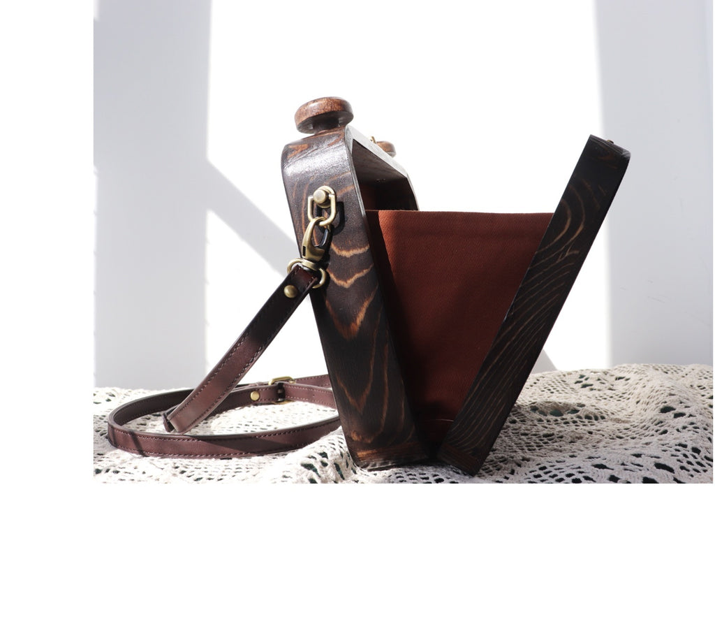 Sac bandoulière rétro chat en bois 20cm marron foncé
