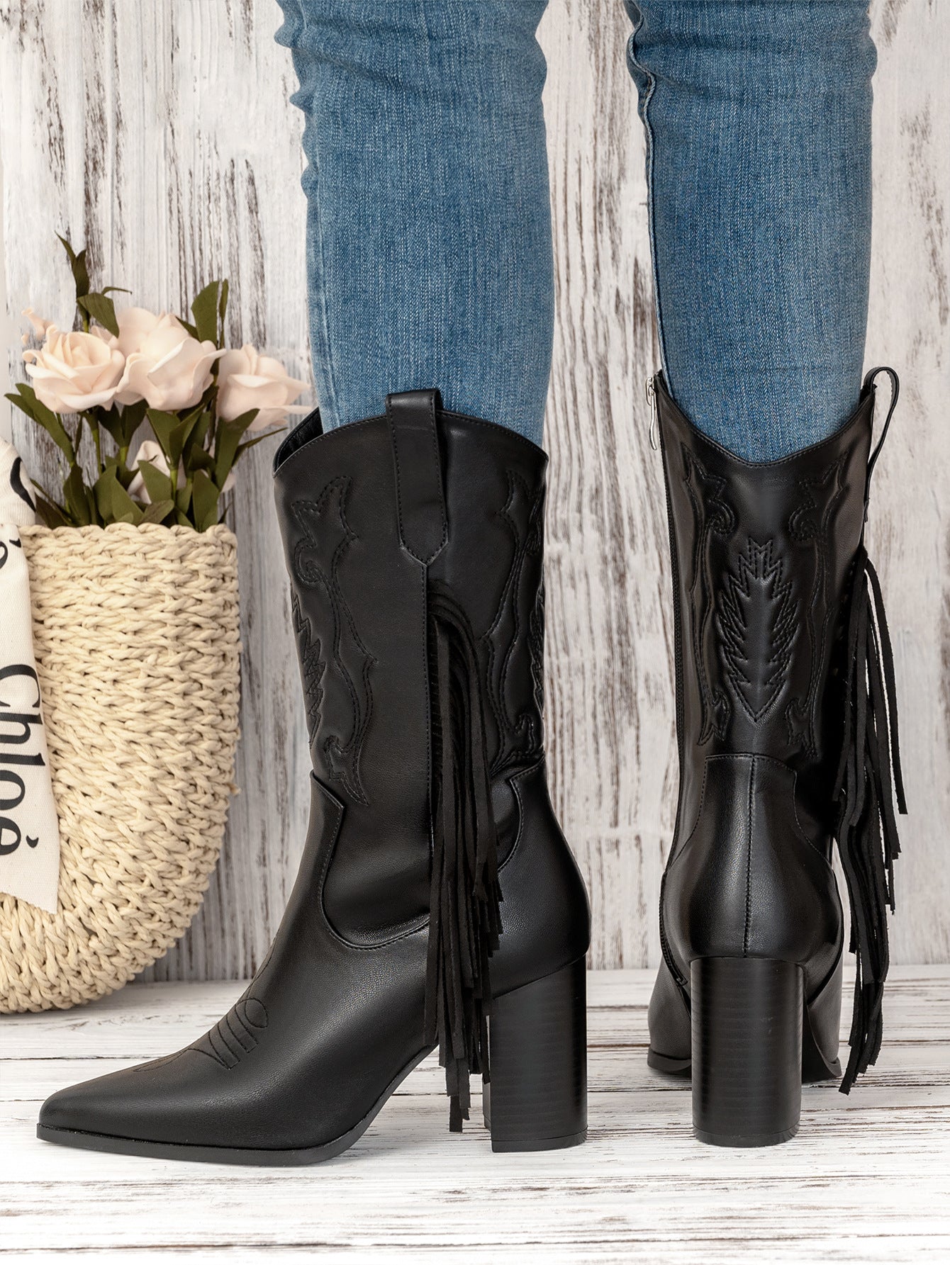 Bottes de cowboy blanches neuves de style western avec pompon brodé