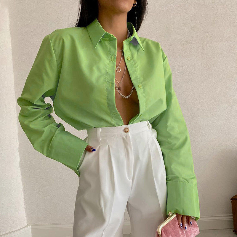 Women's Loose Casual Long-Sleeve Shirt in White, Yellow & Green