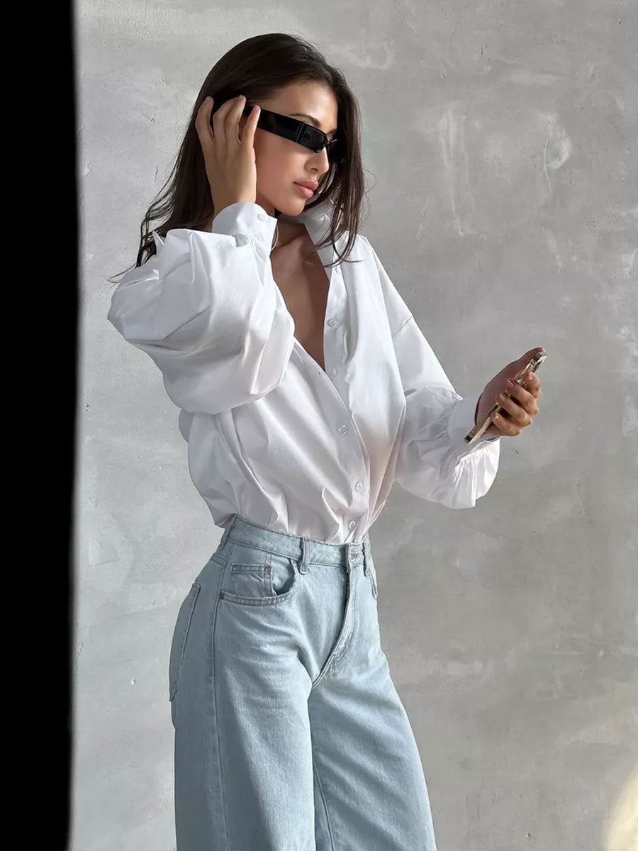 Chemisier Femme en Coton à Manches Lanternes Col Rond Longueur Moyenne