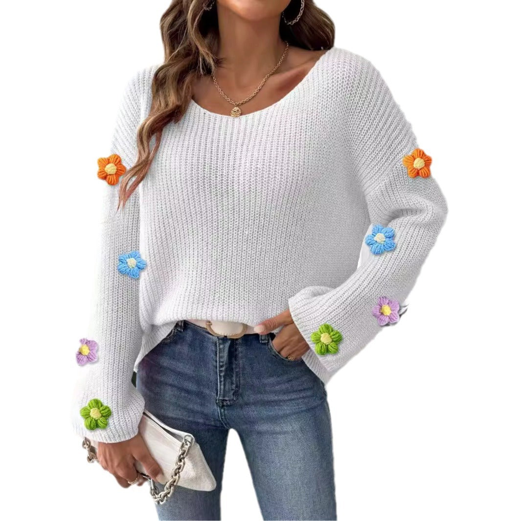 Womens Hand-Crocheted Floral Patchwork Flare-Sleeve Sweater