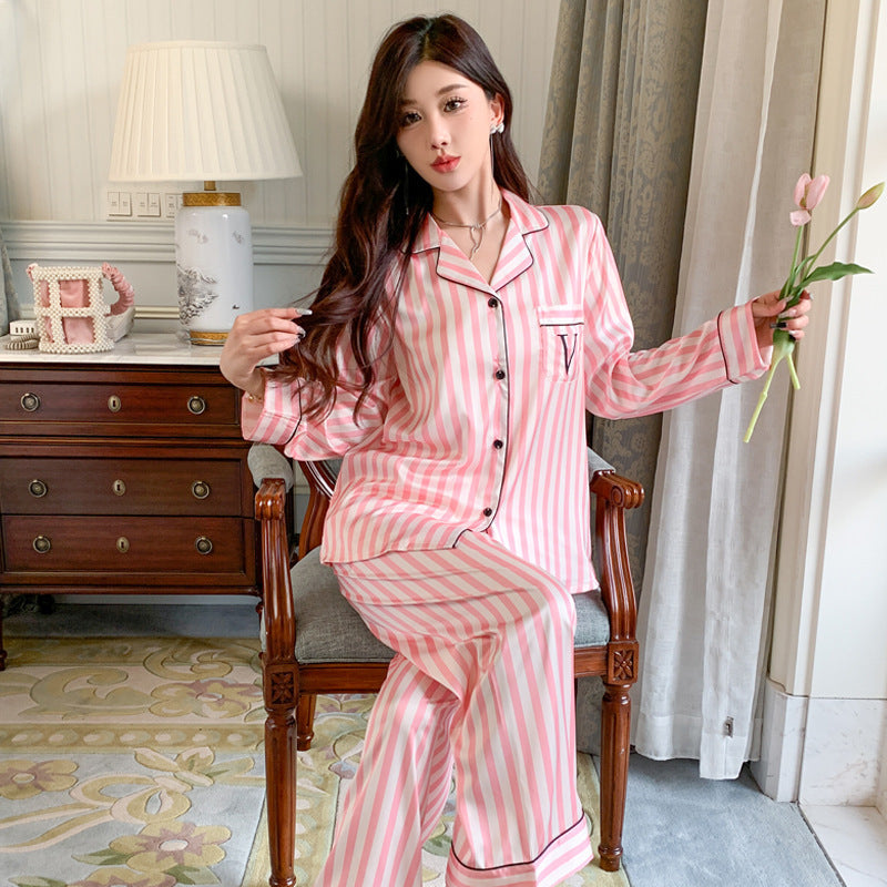 Ensemble de pyjama manches longues ultra-fin en soie glacée bleu clair et rose, tailles M-XXL