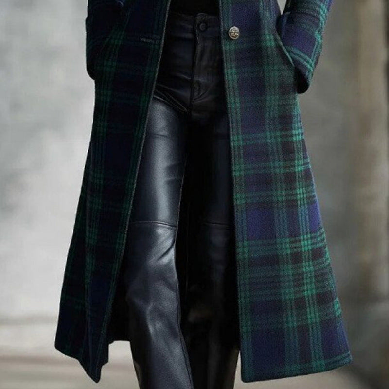 Women’s Green Plaid Long-Sleeve Single-Breasted Cardigan Coat