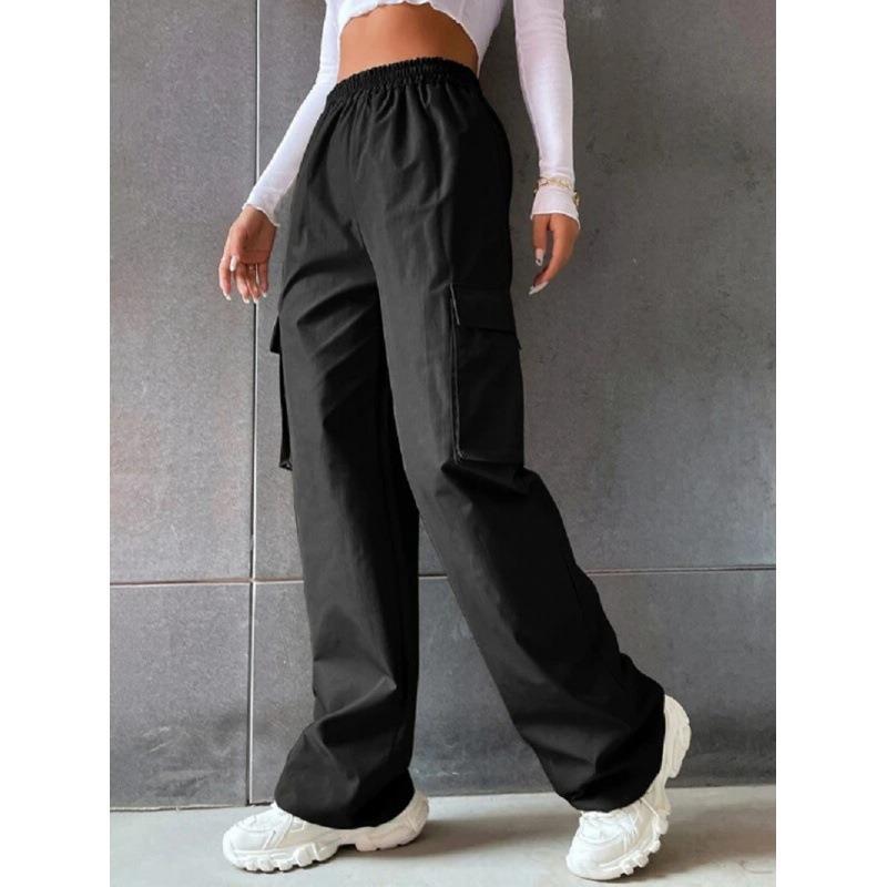 Pantalon de travail taille haute de couleur unie pour femme avec poches