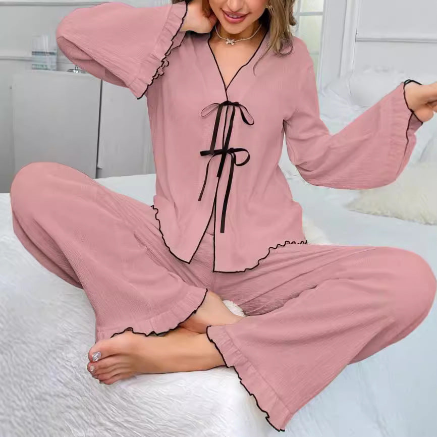 V-Neck Lace-Up Cardigan with Long-Sleeve Pants Set