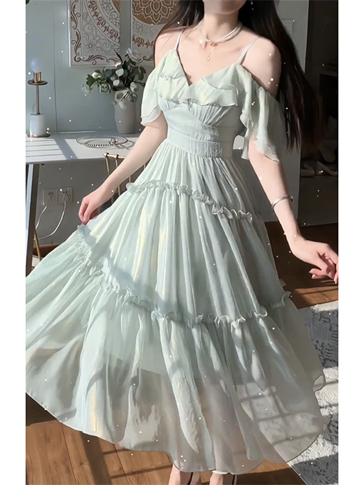 Robe à Bretelles en Mousseline Vert Clair pour Femme