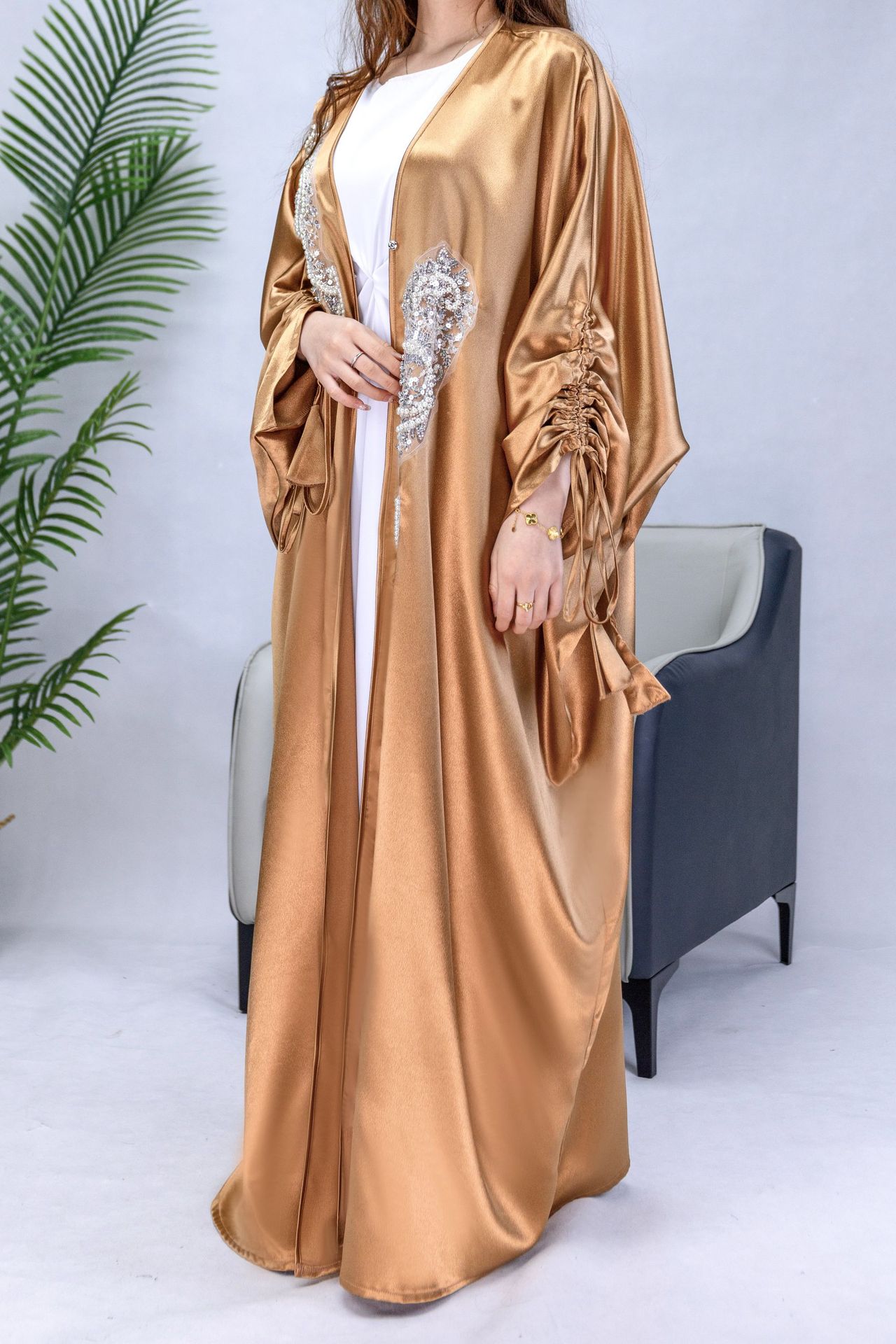 Simple Middle East Turkey Solid Color Plus Size Satin Robe