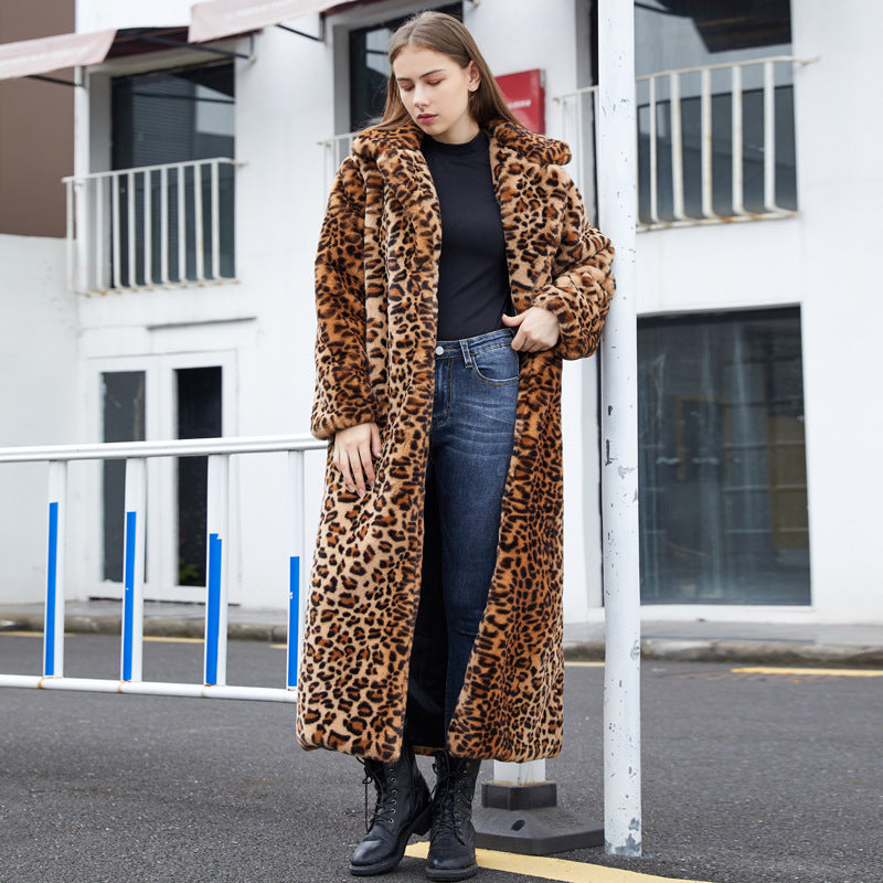 Faux Fur Leopard Print Rabbit Fur Long Suit Collar Coat