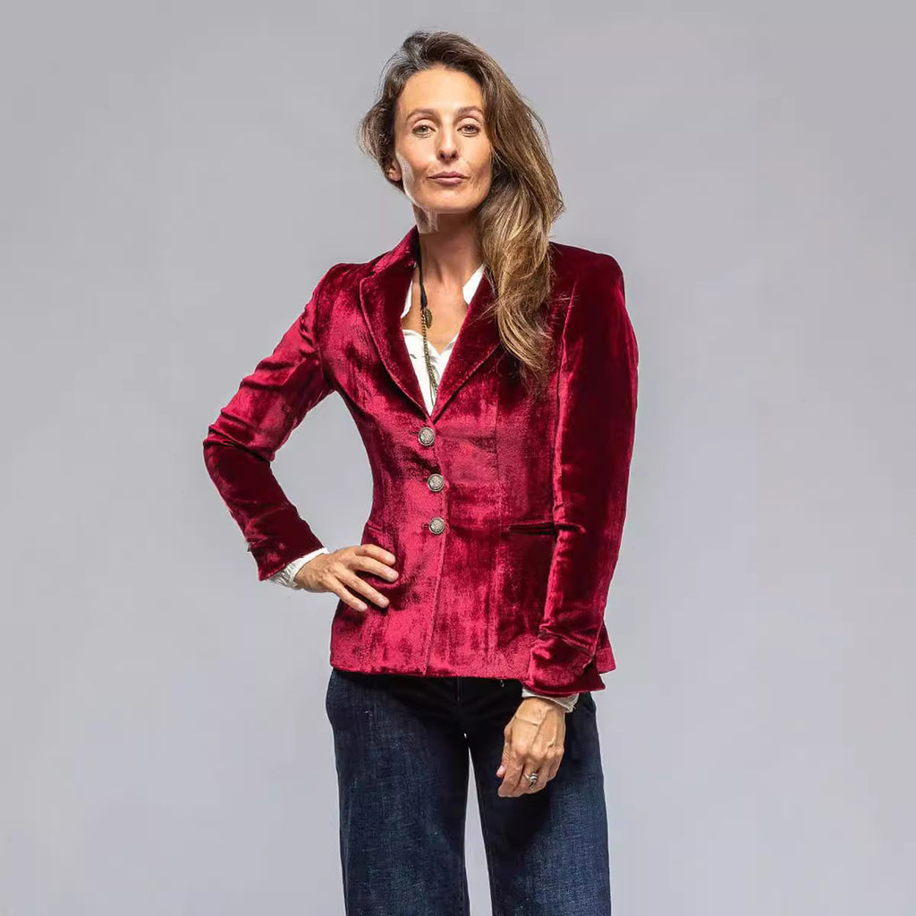 Costume élégant en velours doré pour femme, veste rétro à manches longues avec poches