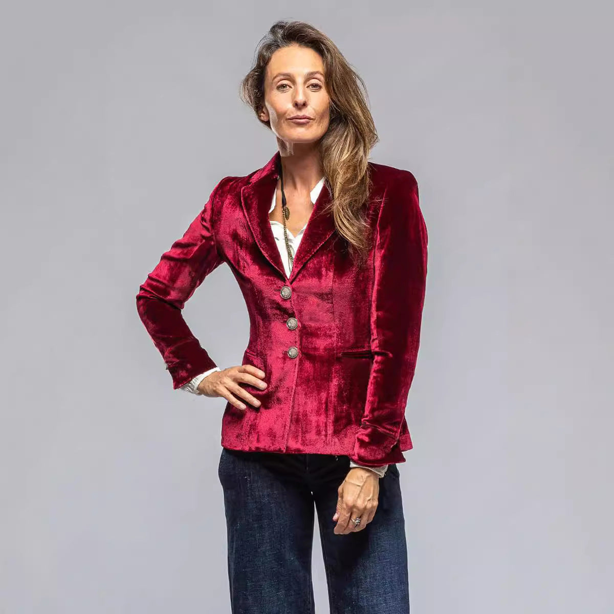 Costume élégant en velours doré pour femme, veste rétro à manches longues avec poches