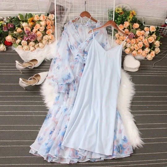 French Waist Slimming Floral Dress High Waist Free Size Polyester