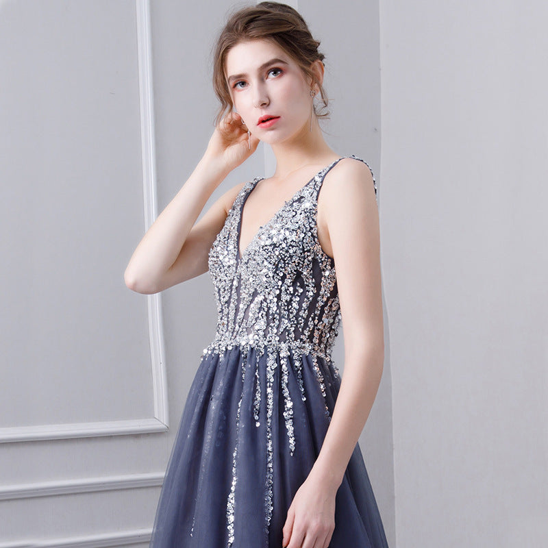 Noble Elegant Long Gray Annual Conference Host Dress Polyester Fiber