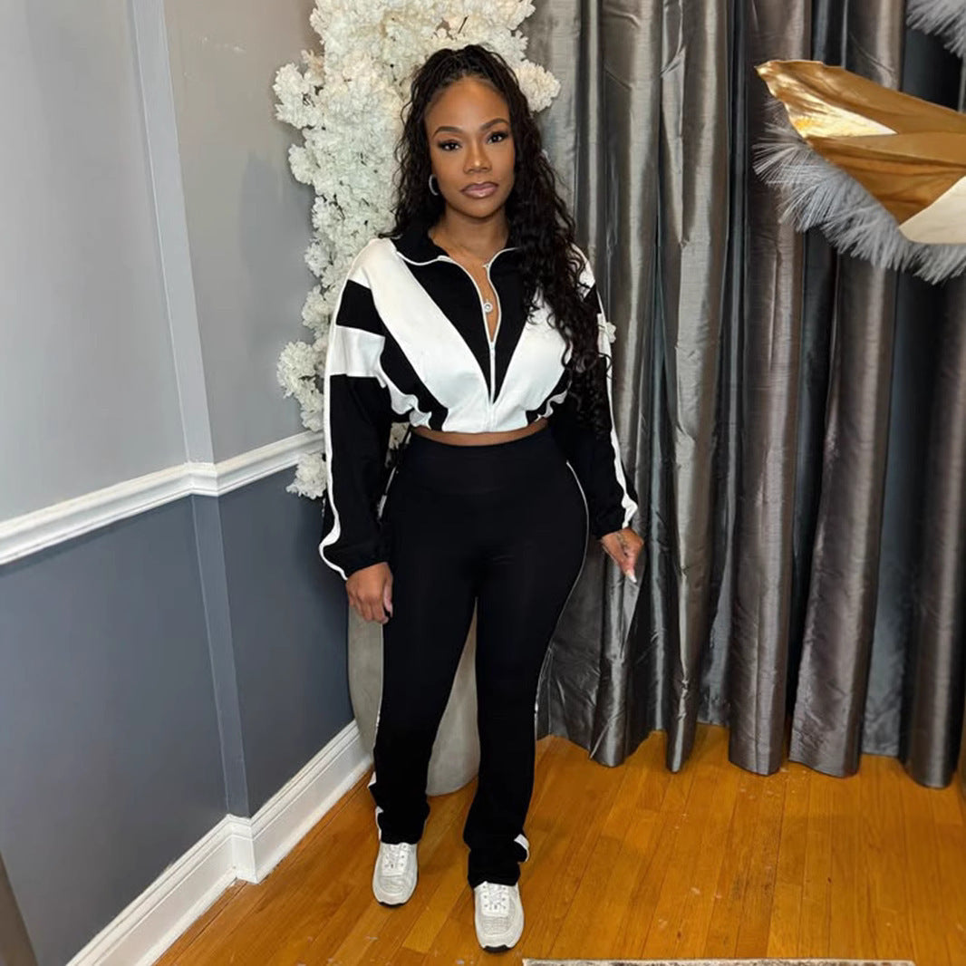 Elastic Buckle Waist Color Block Stitching Contrast Color Sports Casual Two-piece Suit