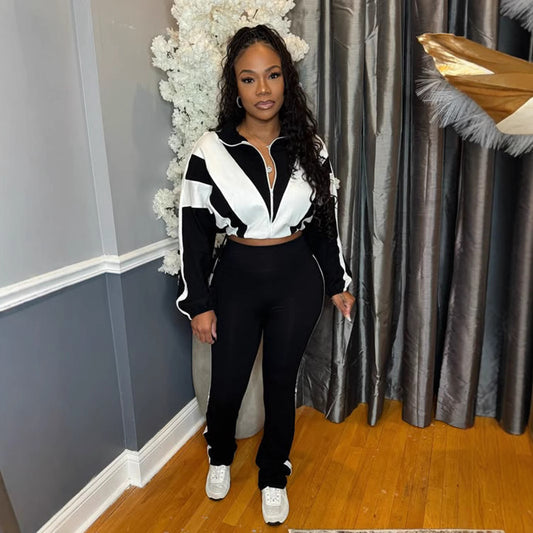 Elastic Buckle Waist Color Block Stitching Contrast Color Sports Casual Two-piece Suit