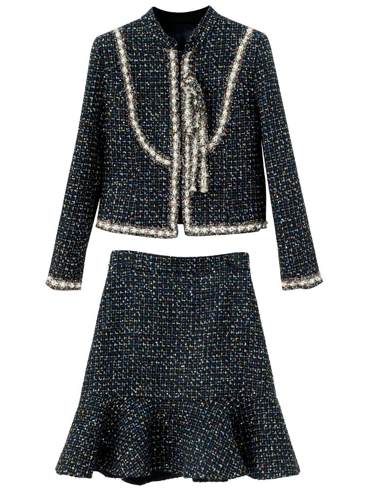 Ladies Black High Waist Short Coat and Skirt Suit Polyester Casual