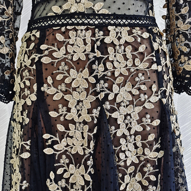 Lady long-sleeved Low Cut Embroidered Lace Stitching Dress for Arabian Gulf Women