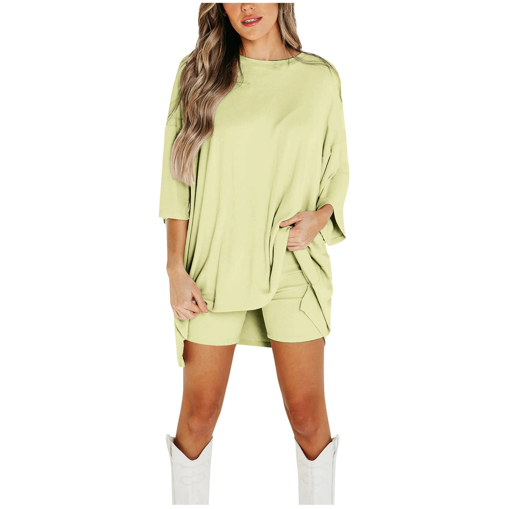 Ensemble short d'été pour femme, T-shirt ample à manches chauve-souris et pantalon slim