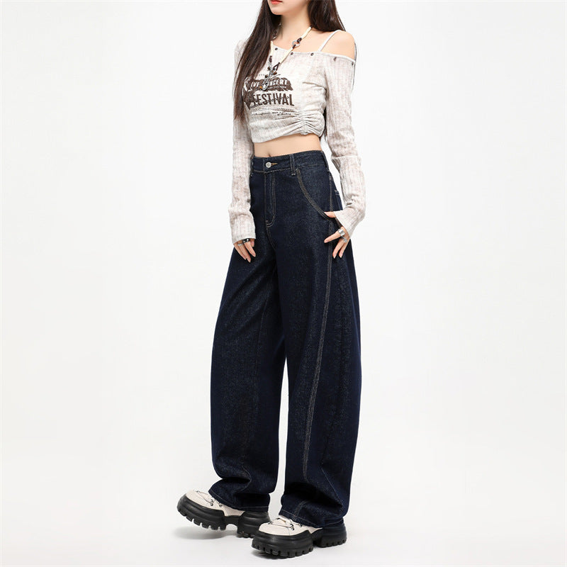 Spring Split Patchwork Retro Casual Wide Leg Denim Jeans