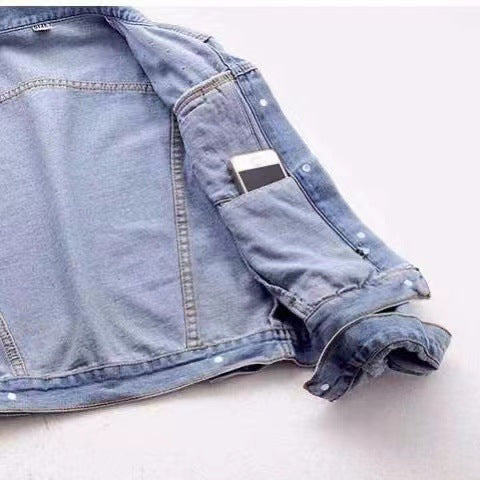 Veste en jean femme coupe slim style coréen, longueur courte, bleue
