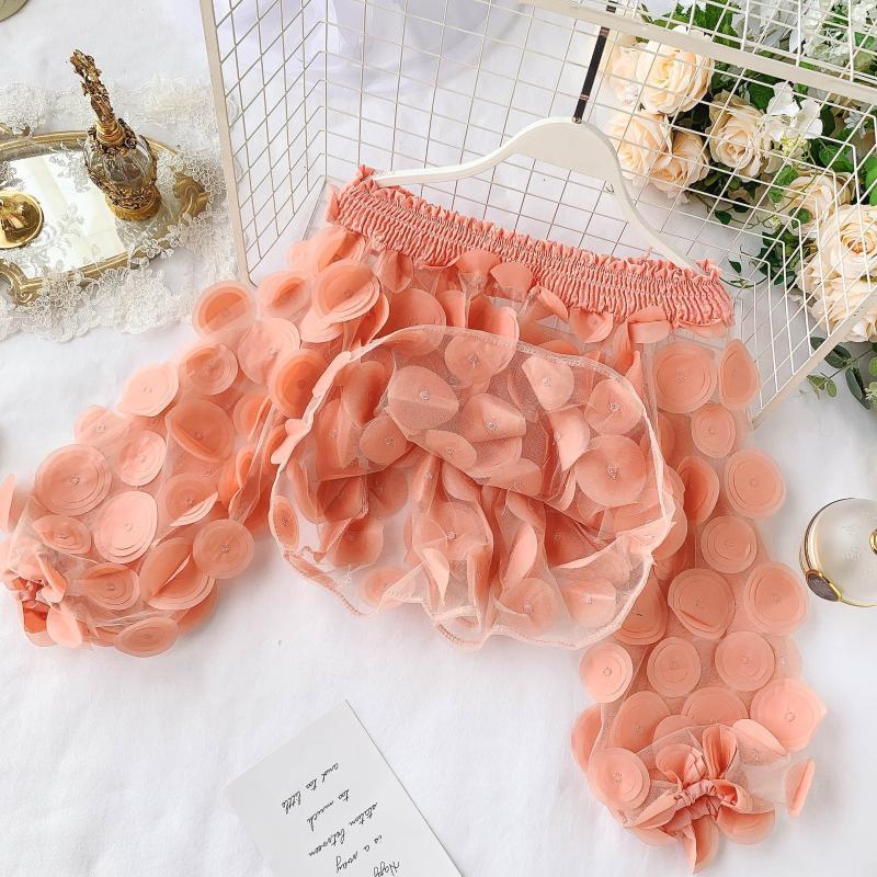 3D Flower Puff Sleeve Cotton Chiffon Top