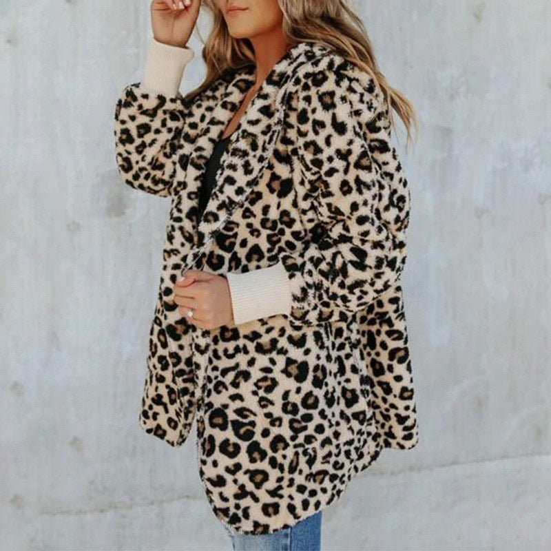 Women's Slim Leopard Print Hooded Coat Polyester