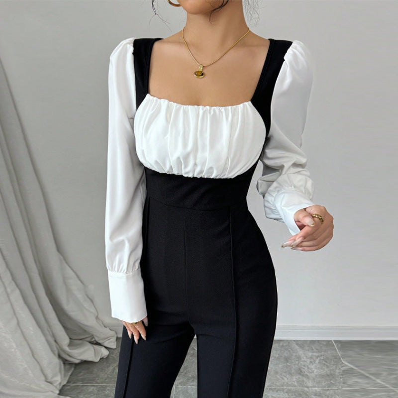 Combinaison pantalon bicolore noir et blanc à manches longues