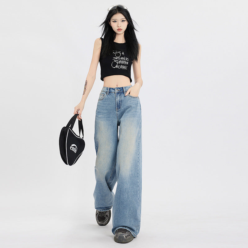 Jeans taille haute rétro bleus coupe large pour femme