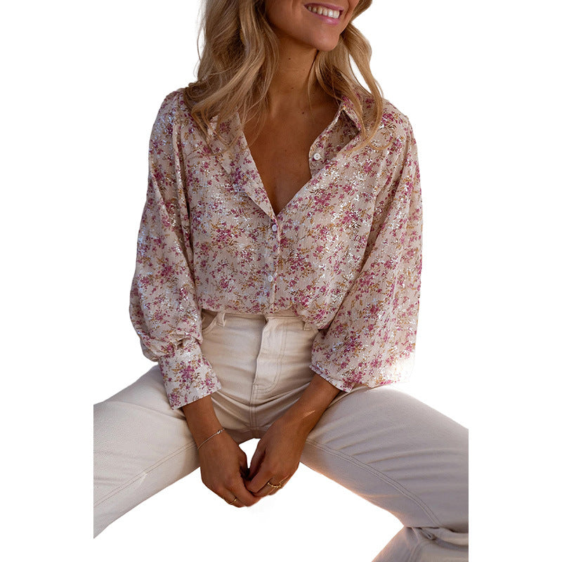 Fashion Women's Single Row Multi-Buckle Shirt with Floral Print