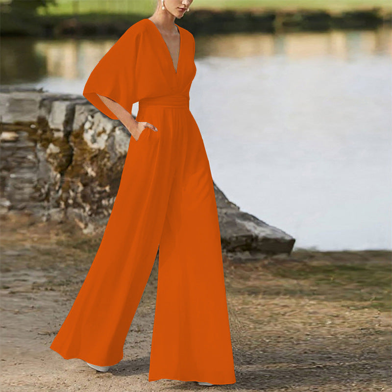 Women's Deep V High Waist Wide Leg Jumpsuit