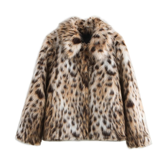 Women's Leopard Print Winter Faux Fur Coat Thin Polyester Zipper Jacket