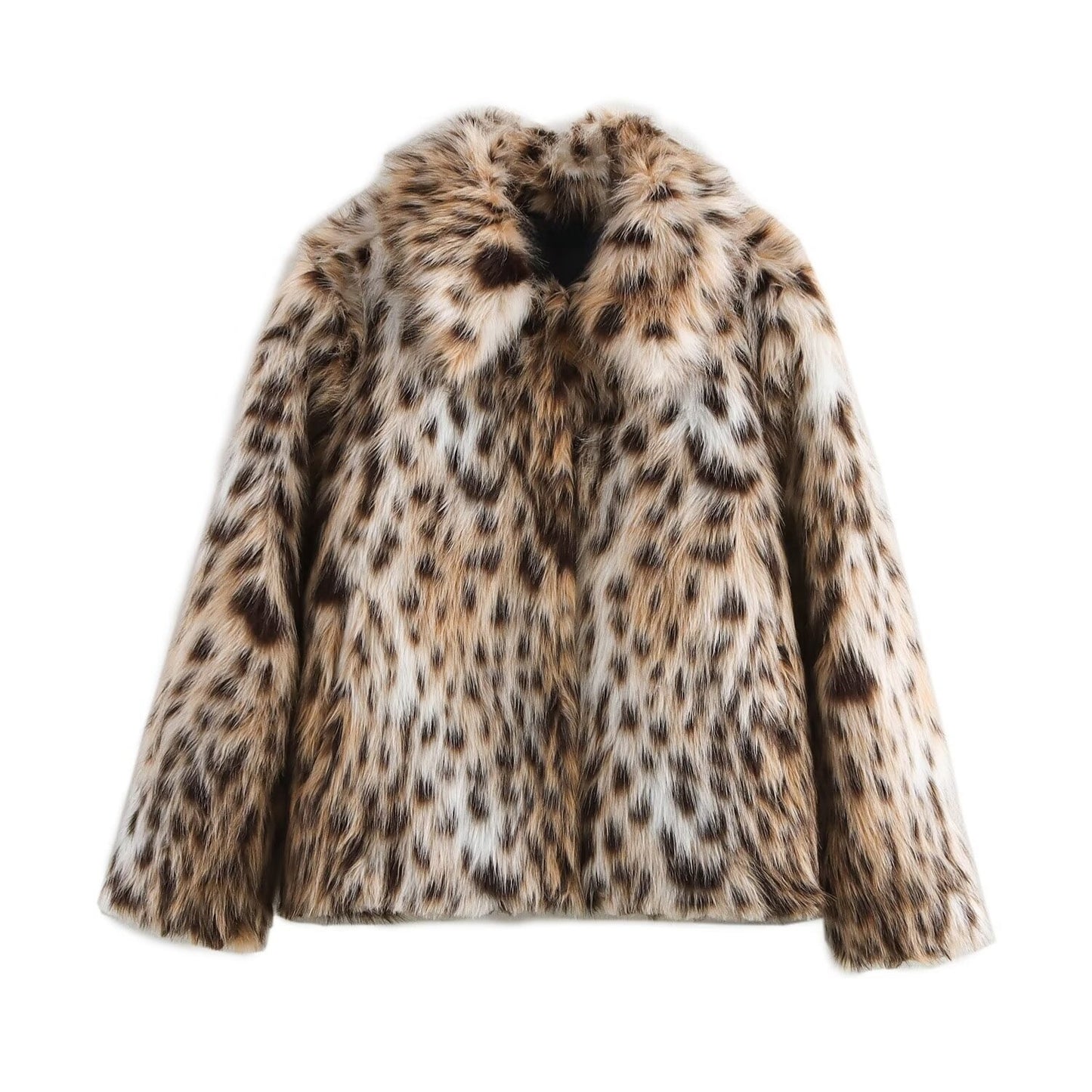 Women's Leopard Print Winter Faux Fur Coat Thin Polyester Zipper Jacket