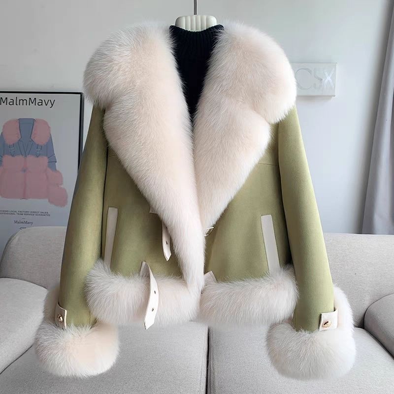 Manteau de fourrure rose abricot kaki pour femme avec manches volantées