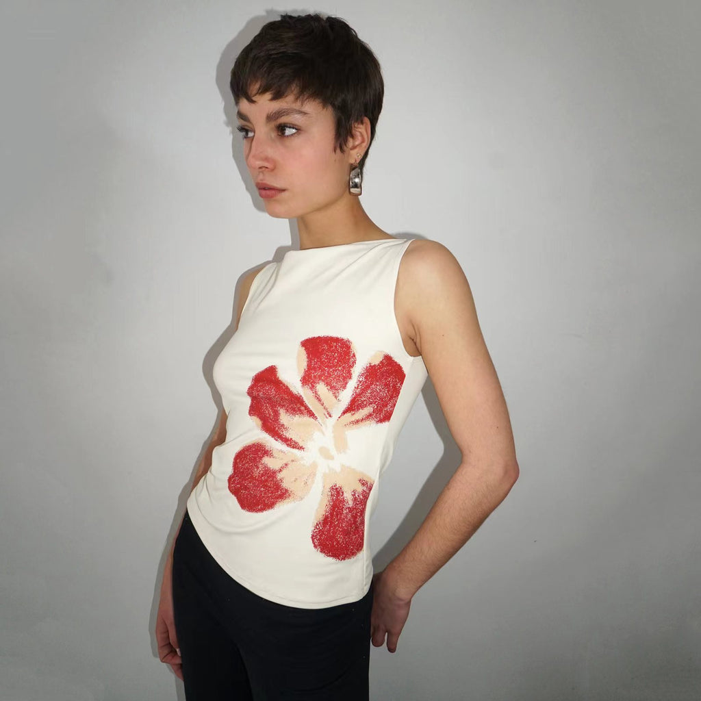 Hot Girl Slim Fit Round Neck Floral Print Sleeveless Vest
