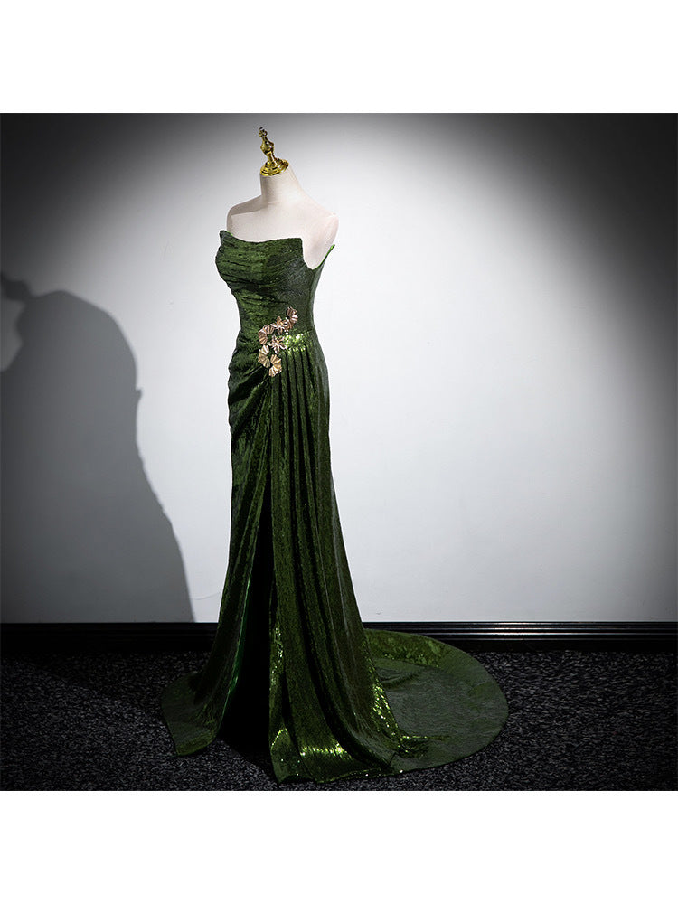 French Evening Women's Dark Green High Waist Slim Bridal Dress