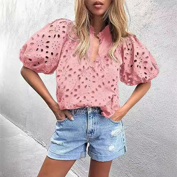 Women's Lantern Sleeve V-Neck Buttoned Hollow Lace Embroidered Shirt