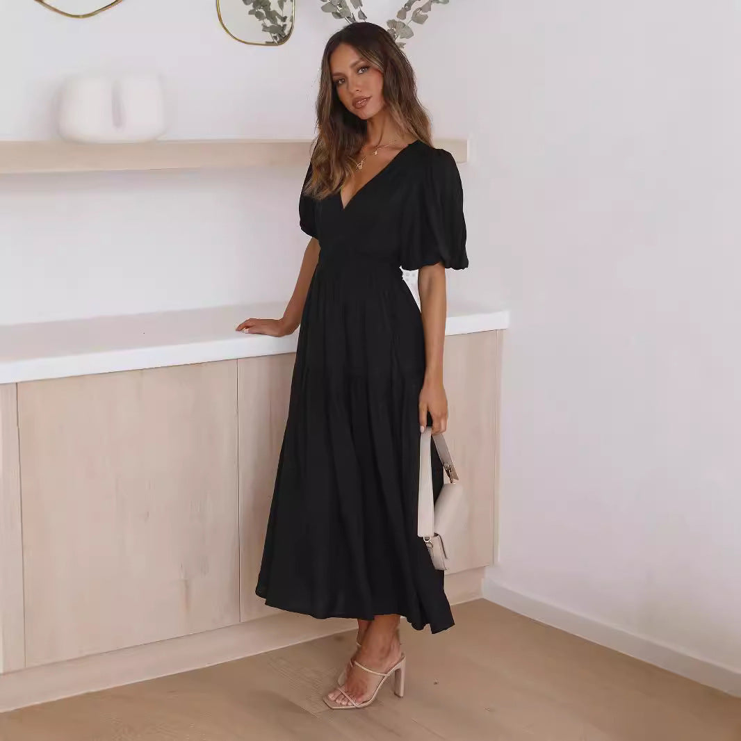 Deep V Puff Sleeve High Waist Flounced Dress for Women
