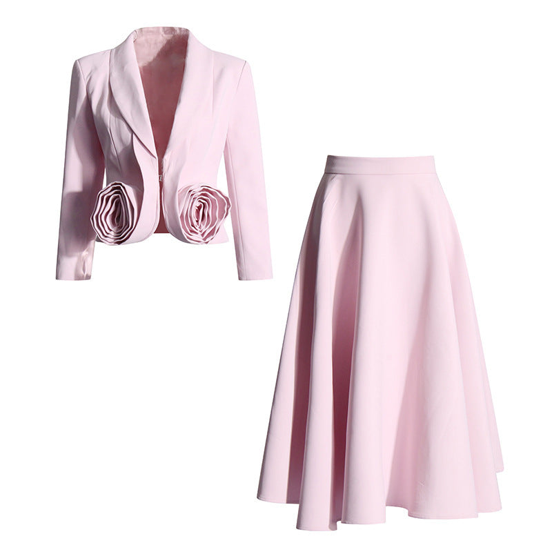 French Elegant Rose Pattern Two-Piece Set with Long Sleeve Top and Skirt