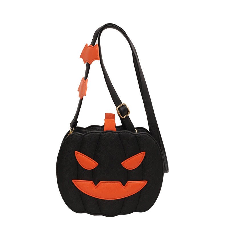 Funny Pumpkin Cartoon PU Shoulder Crossbody Bag with Bat Design for Women