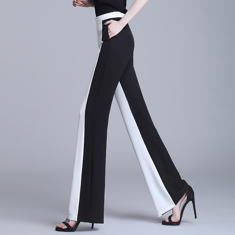 Women's Casual High-Waist Black & White Stitching Chiffon Straight-Leg Trousers