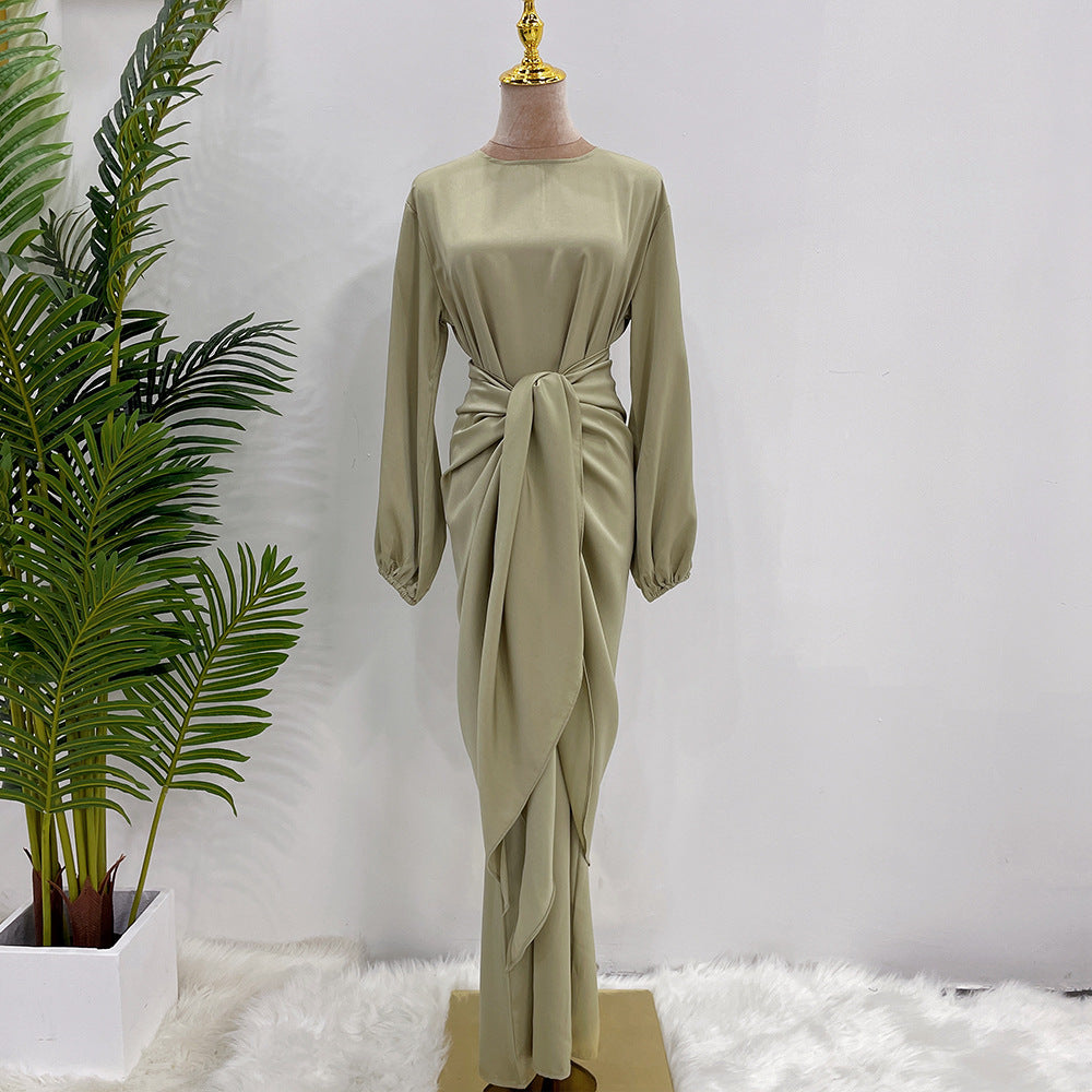 Robe longue douce turque à manches longues pour femmes avec détail à lacets