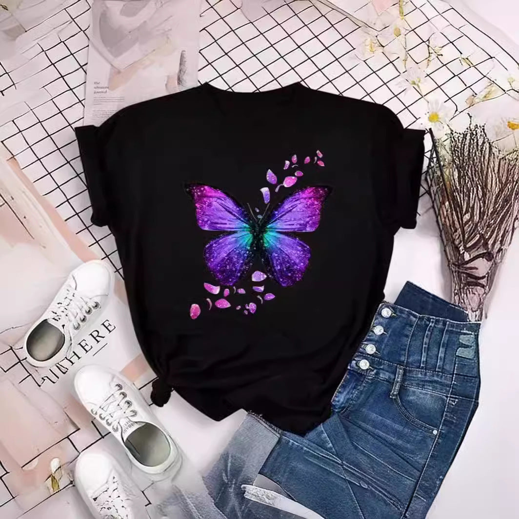Colorized Butterfly Petal Printed T-shirt Short Sleeve Round Neck
