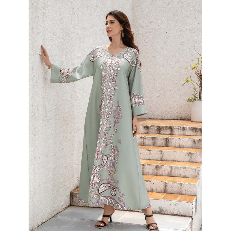 Robe imprimée à col en V et manches longues en polyester argenté pour femmes musulmanes avec perles chaudes