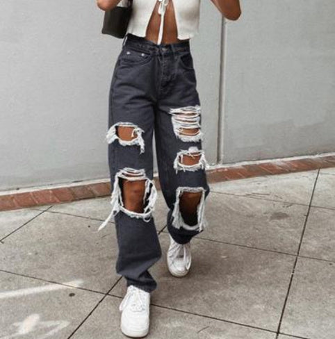 Women’s Ripped Slimming Washed Denim Jeans Trousers Mid Waist S-3XL