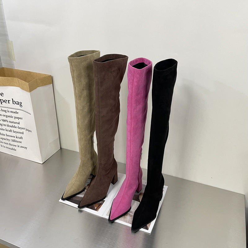 Chunky High Heel Over-the-Knee Suede Stretch Boots with Zipper