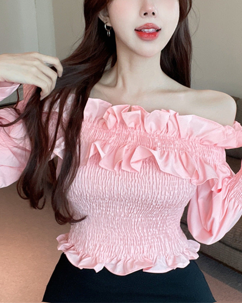 Pink Women's Ruffled Off-Shoulder Tie-Dye Top, Free Size
