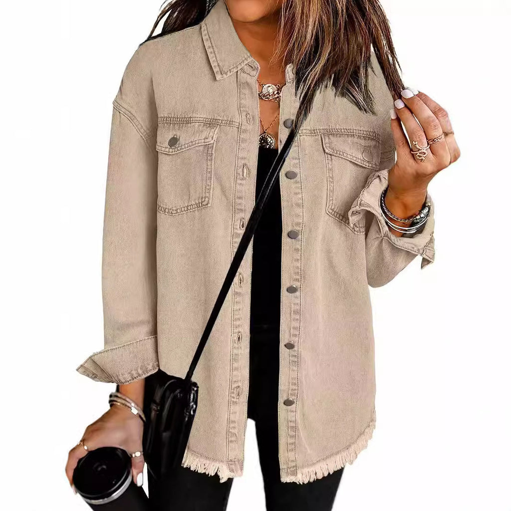 Washed Denim Shirt Women’s Street Style Frayed Hem Coat