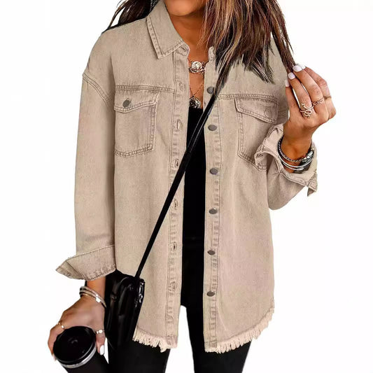 Washed Denim Shirt Women's Personalized Street Style Frayed Hem Coat