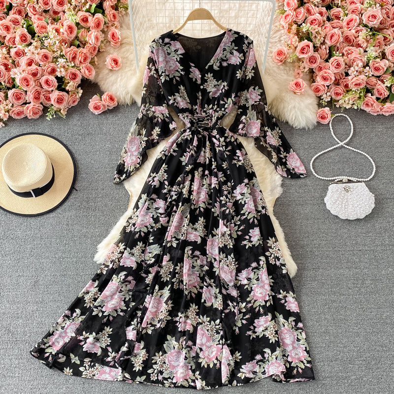 Women's V-Neck Floral Chiffon Dress One Size